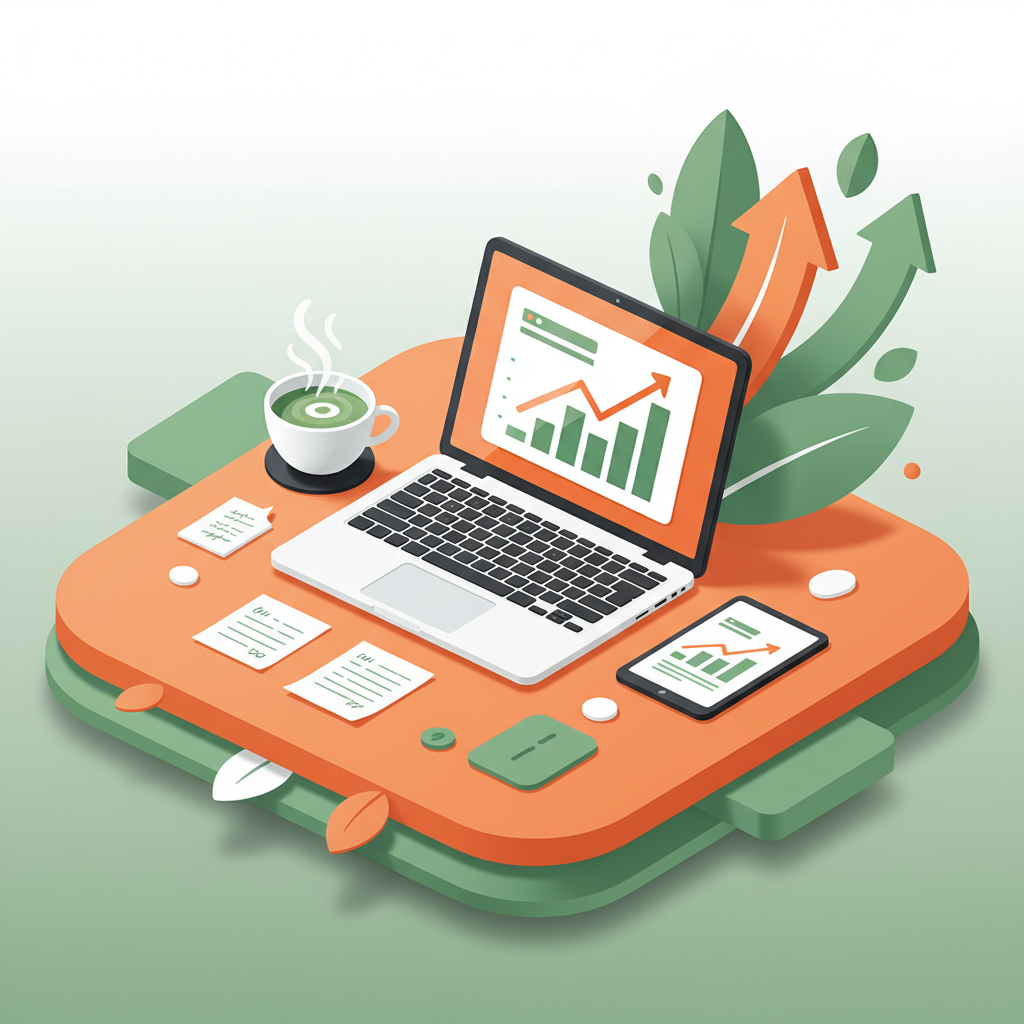 Open laptop with upward graphs, notes, and green tea on a bright, modern workspace.