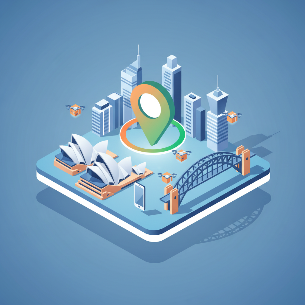 Stylized Sydney cityscape with glowing map pin, smartphones, delivery drones, and vibrant gradients.