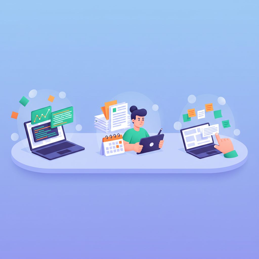 Three modern workspaces with laptops, documents, and planning tools on a gradient platform.