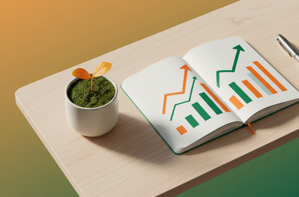 Bright workspace with a wooden desk, orange seedling, open notebook, pen, and gradient background.