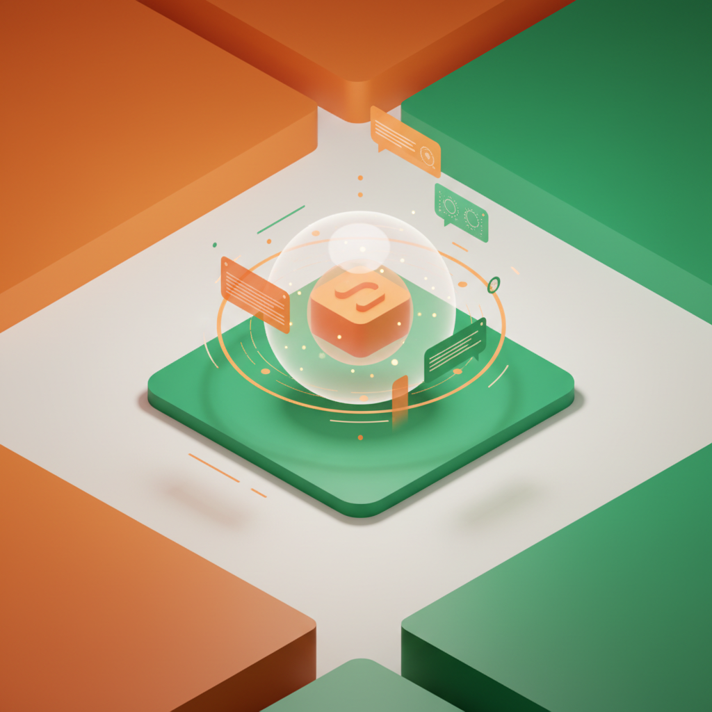 Bright workspace with glowing data sphere, digital metrics, and connection lines in vibrant orange and green.