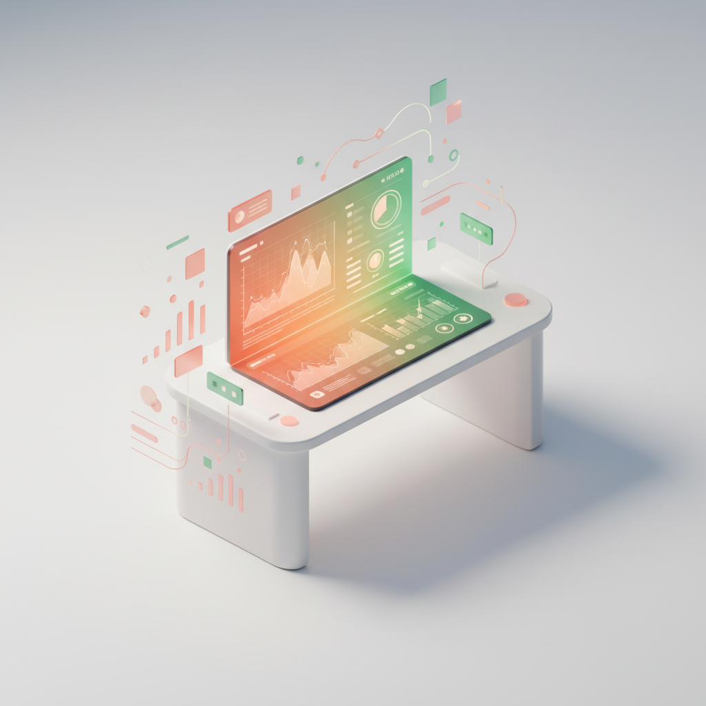 Bright workspace with isometric desk displaying glowing digital dashboard of layered graphs and data points.