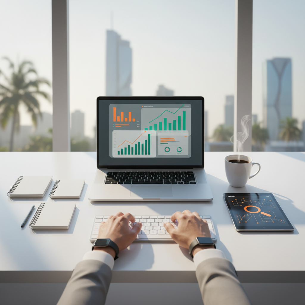 Bright workspace with laptop displaying growth graphs, notebooks, coffee, and digital tablet.