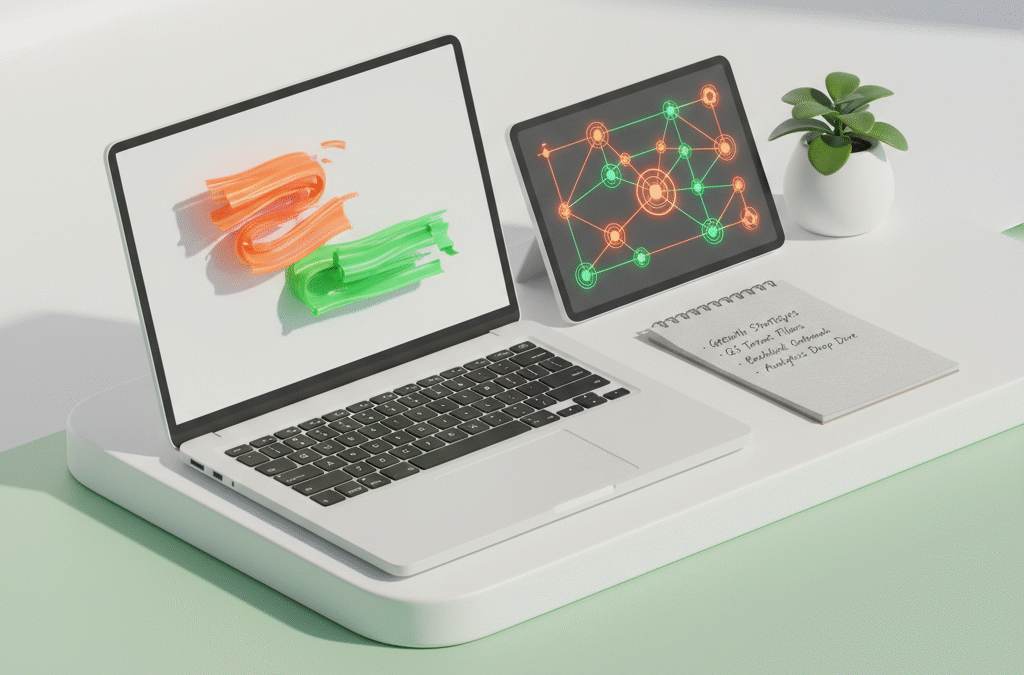 Bright workspace with laptop, notepad, tablet, and plant on gradient background.