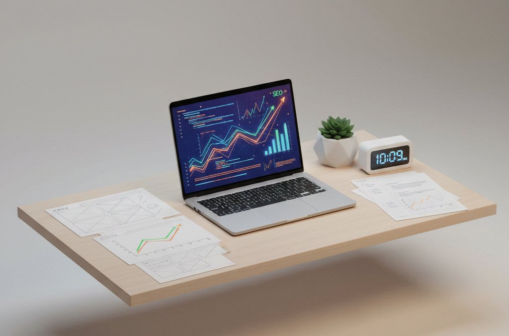 Bright workspace with laptop, SEO charts, wireframes, growth graphs, plant, and digital clock.