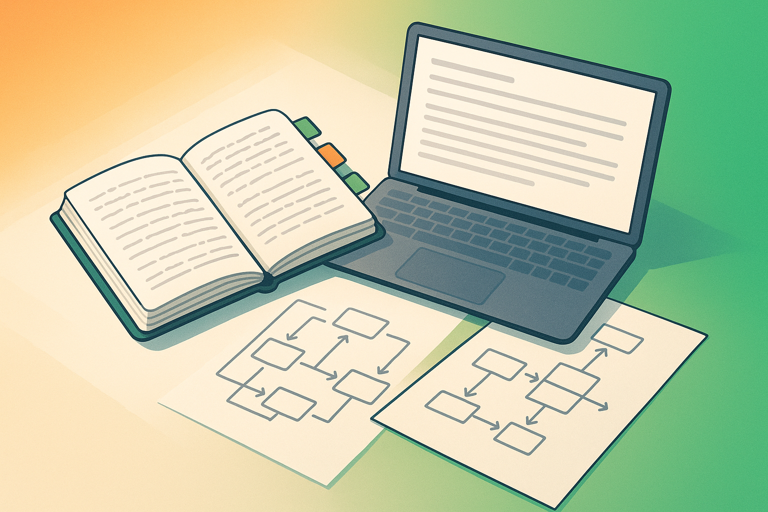 Bright workspace with notebook, flowcharts, laptop, and colorful accents on gradient background.