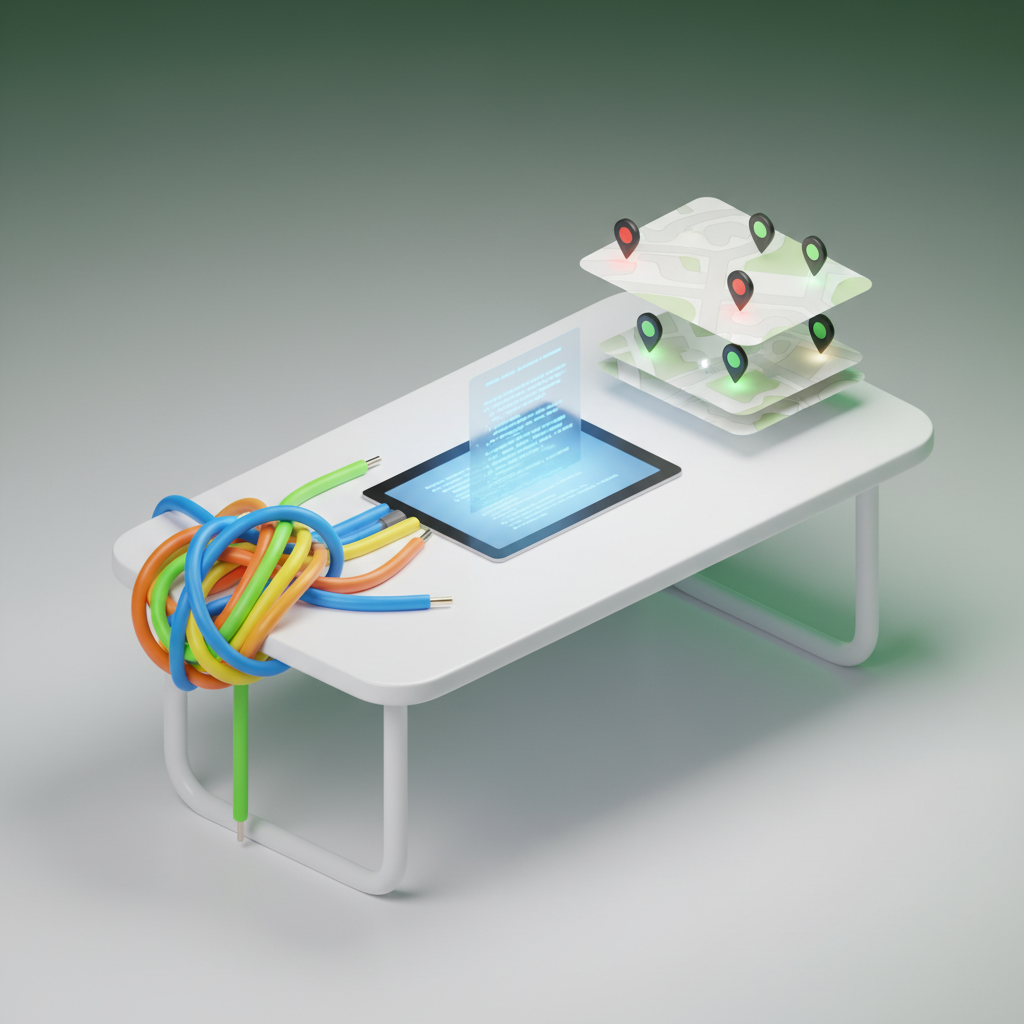 Bright workspace with tangled cables, glowing digital document, and layered map with pins.