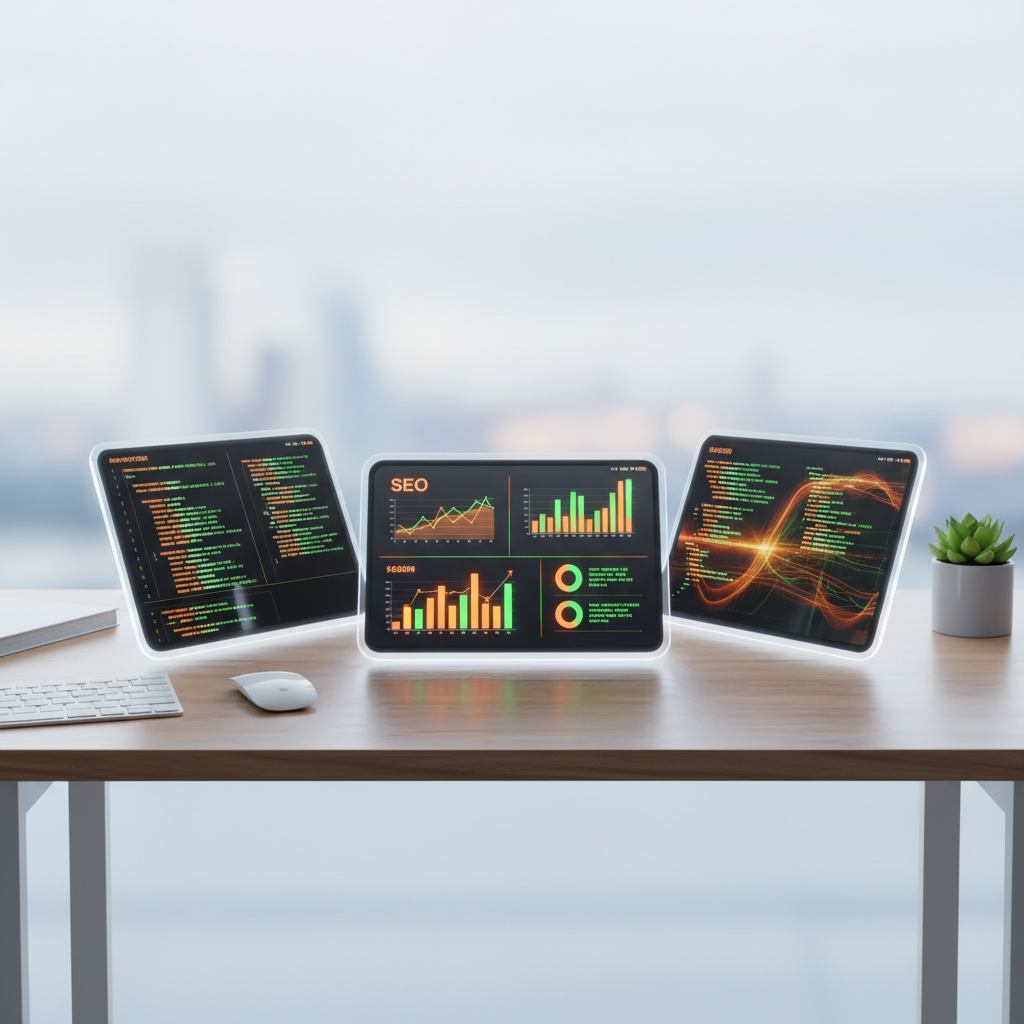 Bright workspace with wooden desk, glowing digital tablets displaying code and SEO graphs.