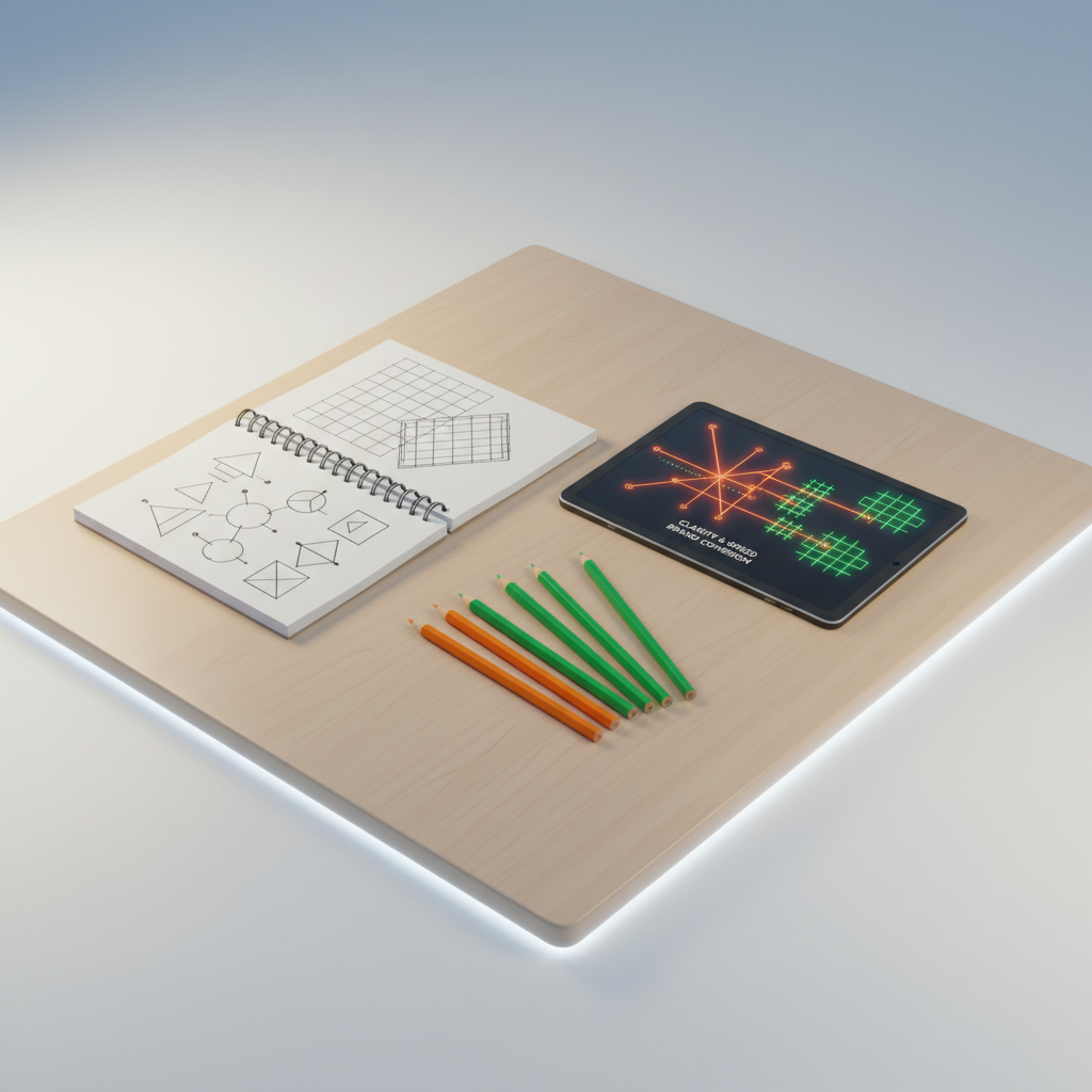 Bright workspace with wooden desk, open notebook, colorful pencils, and digital tablet displaying vector and raster graphics.