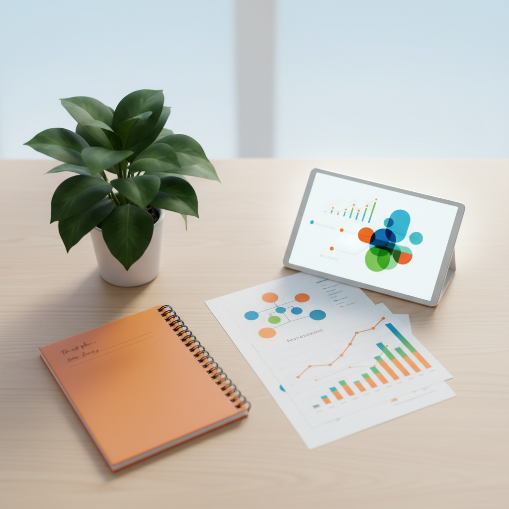 Bright workspace with wooden desk, orange notebook, green plant, charts, tablet, and soft lighting.