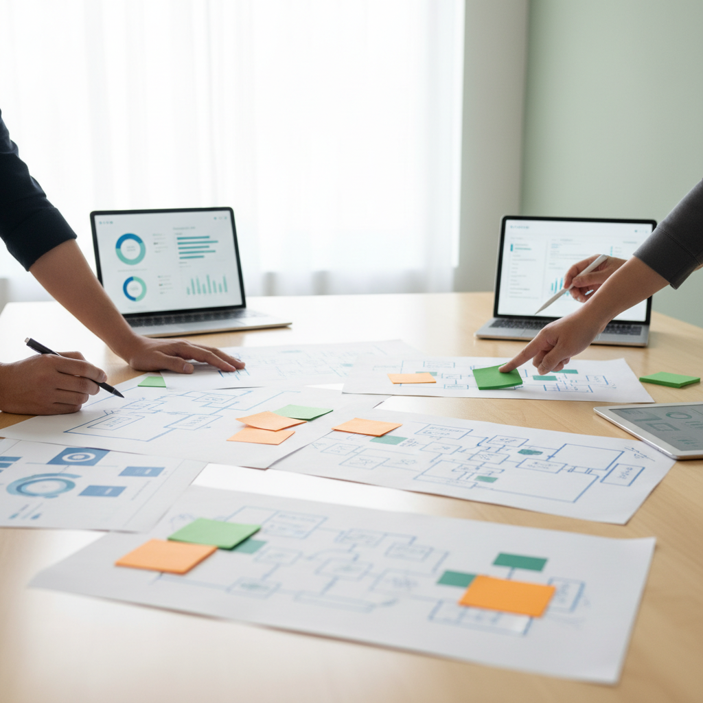 Collaborative hands sketching and pointing over flowcharts and digital devices in a bright workspace.