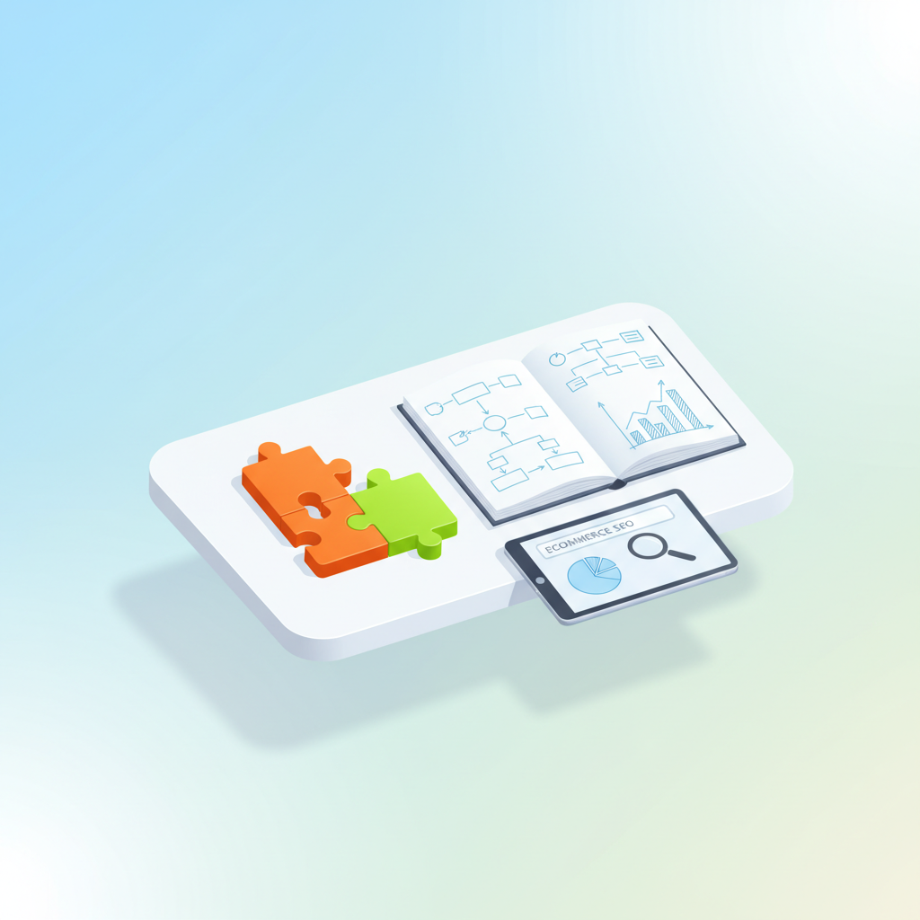 Colorful puzzle pieces, notebook with flowcharts, and data graphs on a bright workspace.