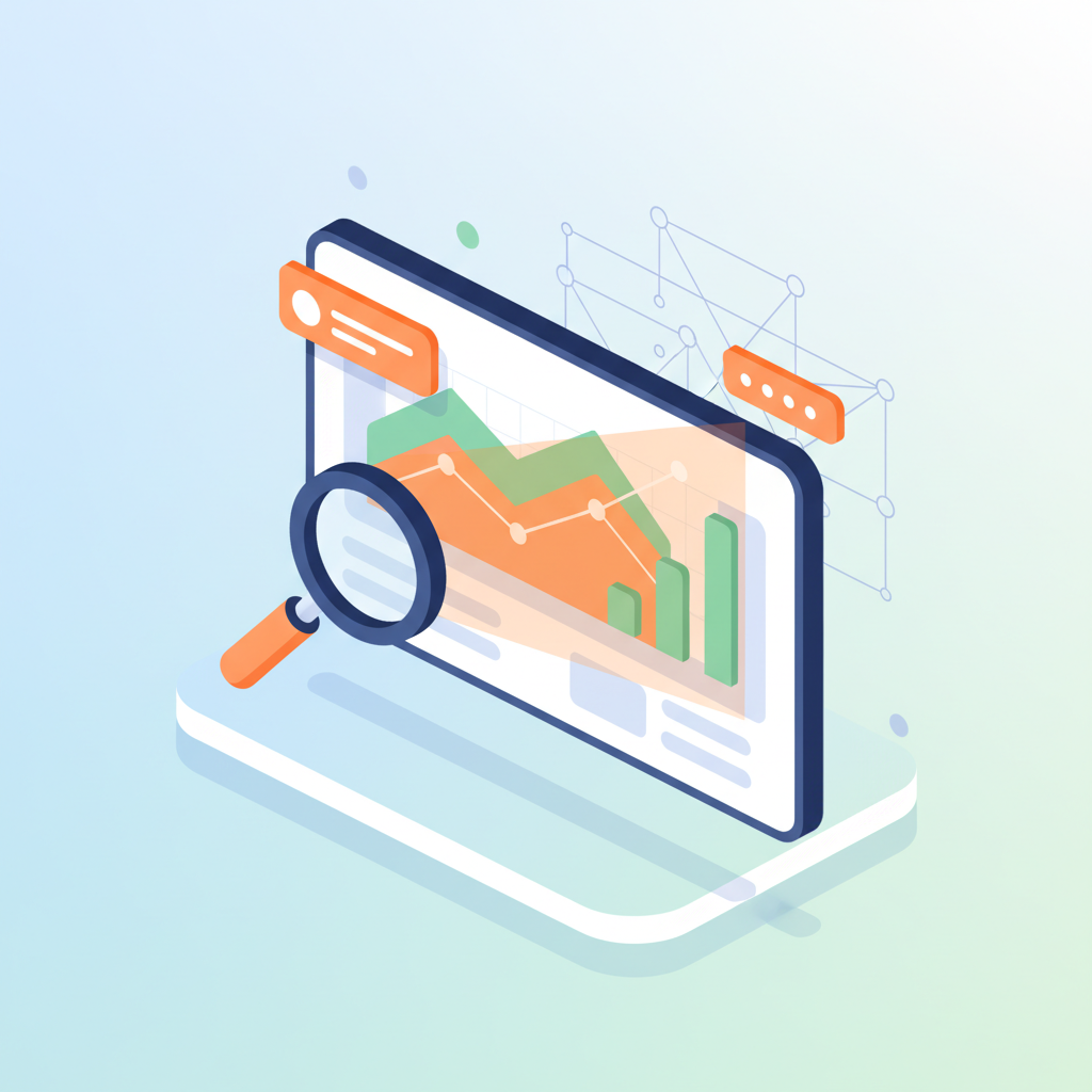 Digital dashboard with charts, graphs, magnifying glass, and data network on gradient background.