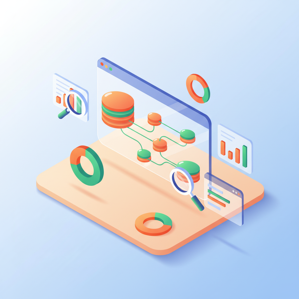 Digital dashboard with connected nodes, charts, magnifying glasses in an isometric workspace.