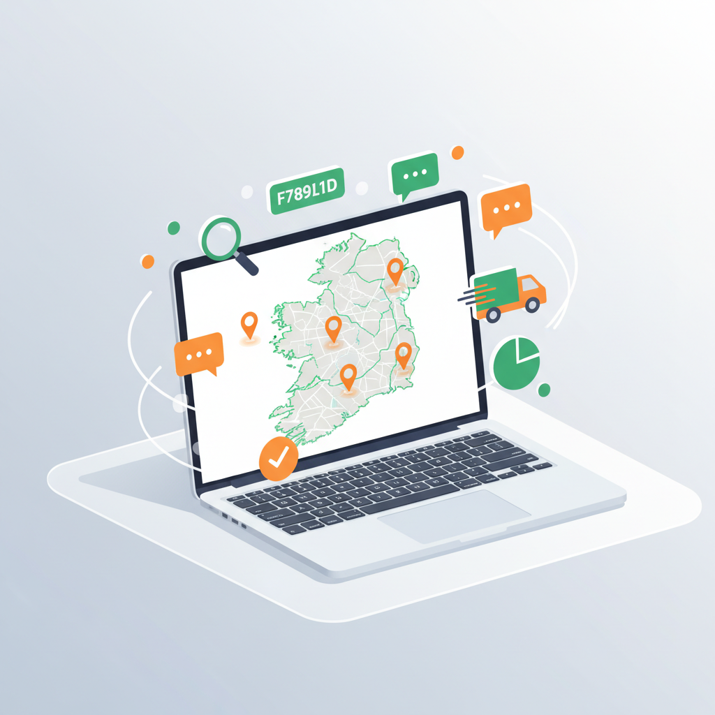 Flat vector illustration of a laptop displaying Dublin map with location pins, surrounded by icons.
