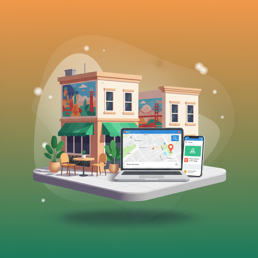 Flat vector illustration of San Francisco street corner with murals, plants, laptop, and smartphone.