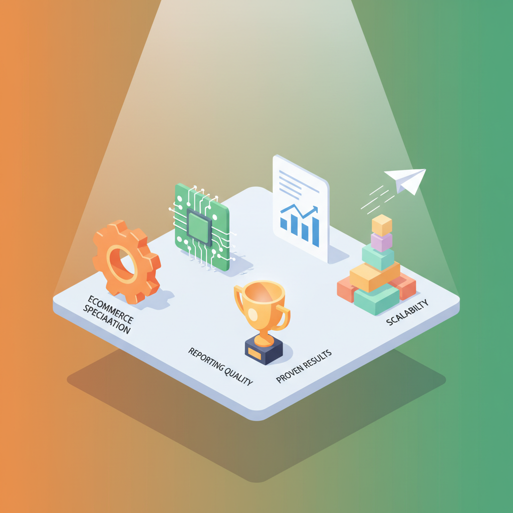 Flat vector illustration of six symbolic objects on a minimalist platform with vibrant background and soft lighting.