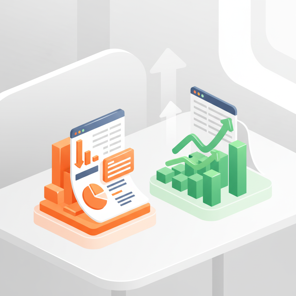Flat vector illustration of spreadsheets and charts with growth arrow on minimalist desk scene.