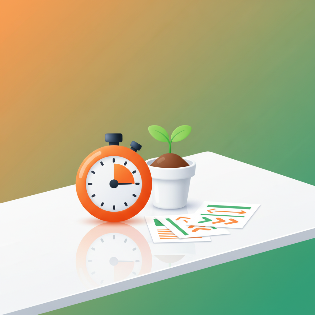 Flat vector workspace with orange stopwatch, seedling, and strategic notes in vibrant orange and green.
