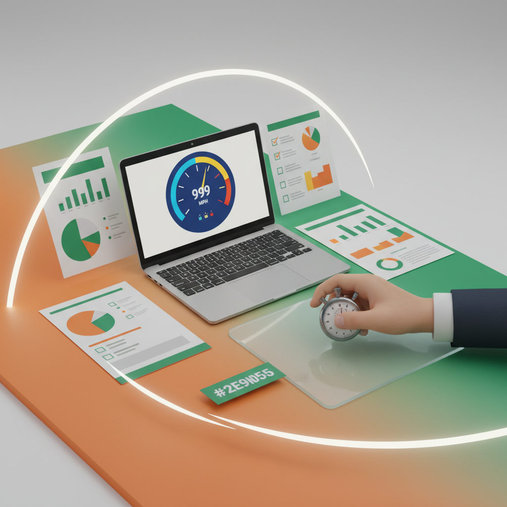 Hand holding stopwatch over a modern workspace with charts, speedometer graphic, and colorful background.
