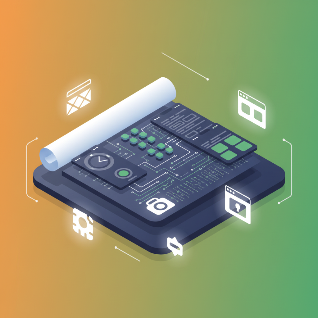 Isometric digital blueprint with mobile data nodes, icons, and abstract glowing symbols on colorful gradient background.