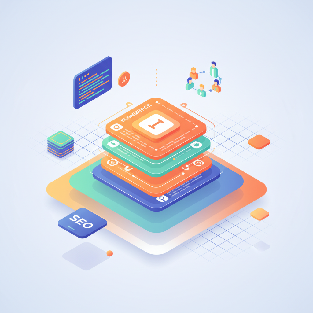 Isometric digital workspace with interconnected data nodes, code snippets, and collaboration icons.