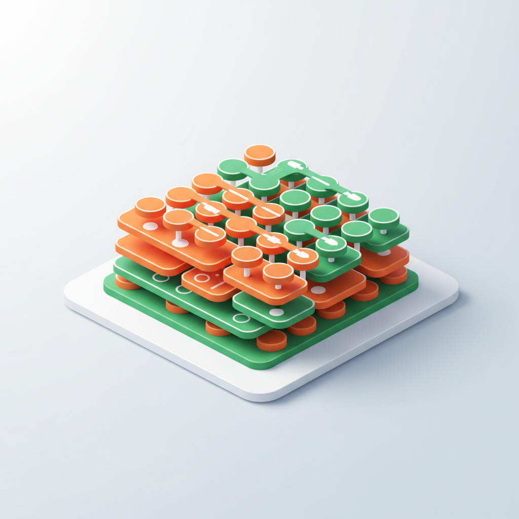 Layered abstract workspace with interconnected data modules in orange and green tones, on a gradient platform.