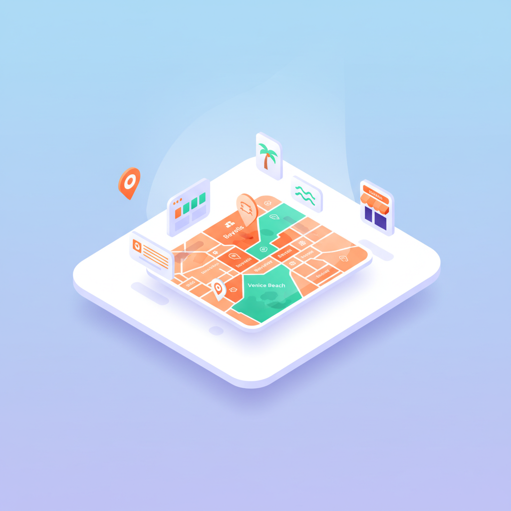 Minimalist workspace with glowing Los Angeles map, highlighting neighborhoods and icons for SEO focus.