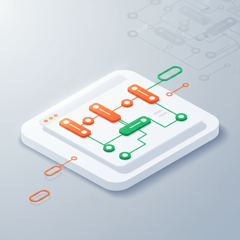 Modern digital blueprint with interconnected orange and green nodes on a white platform.
