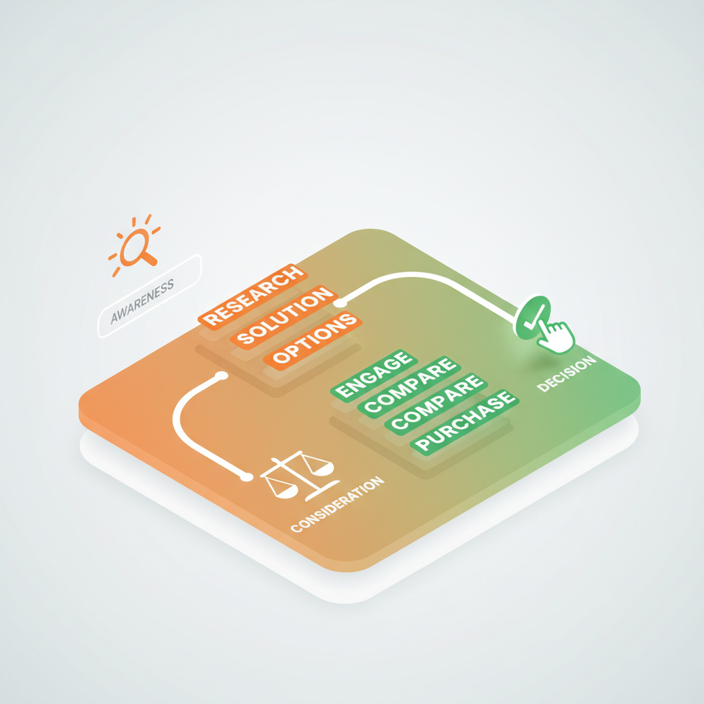 Modern digital dashboard with colorful keyword clusters and buyer journey icons on a bright workspace.
