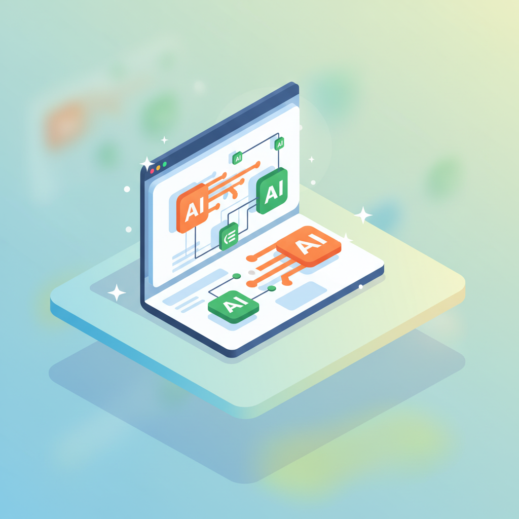 Modern digital dashboard with data streams and AI icons in orange and green on a sleek workspace.