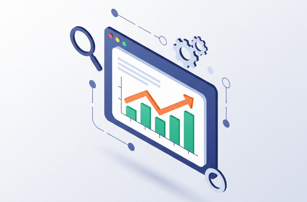 Modern digital dashboard with growth charts, icons, and SEO strategy elements in a bright workspace.