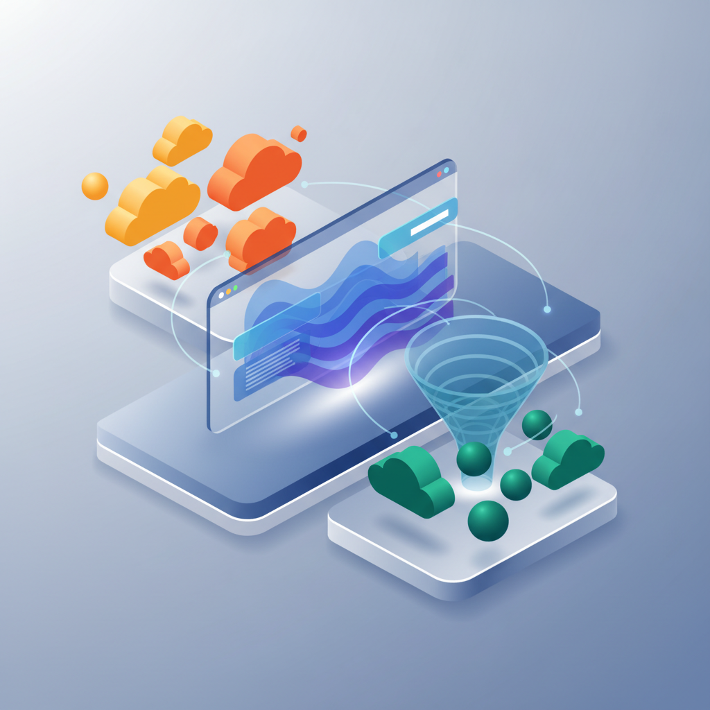Modern digital dashboard with layered data flows and interconnected search query nodes in vibrant colors.