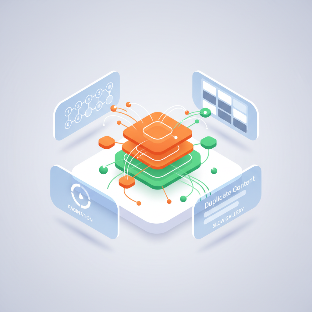 Modern digital workspace illustrating interconnected data nodes, paginated links, and galleries.