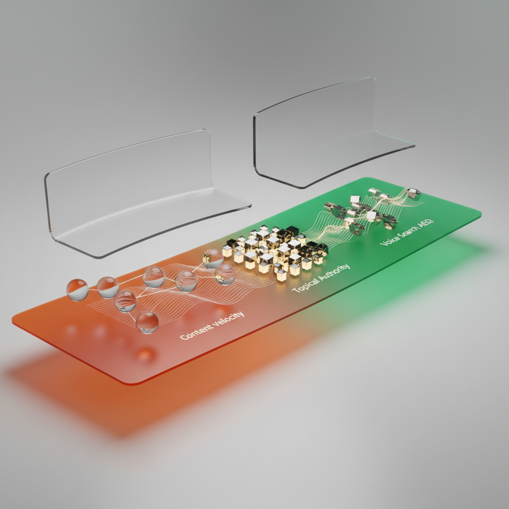Modern digital workspace with floating screens, data nodes, and waveforms representing SEO growth.