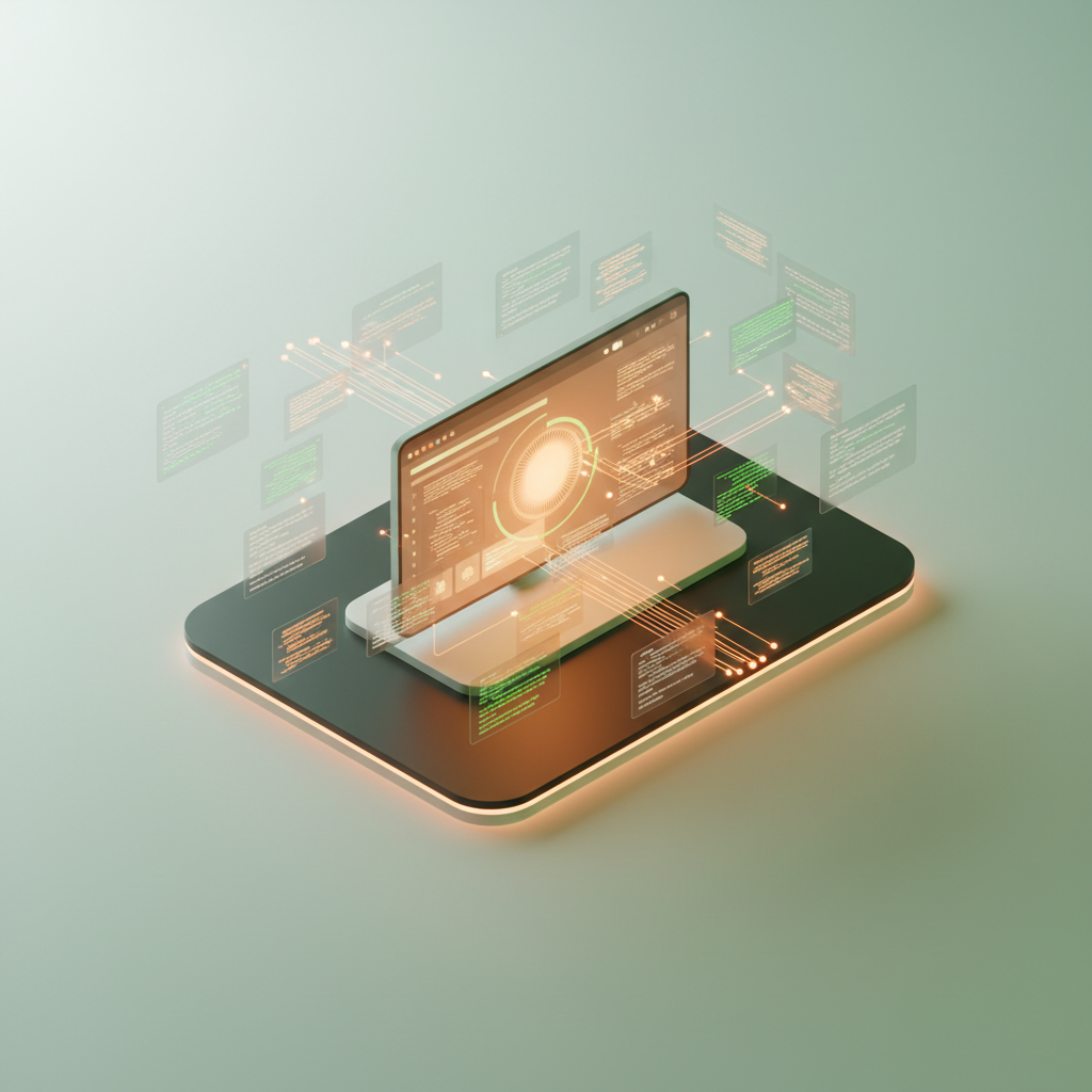 Modern digital workspace with glowing dashboard, data streams, and floating text layers.