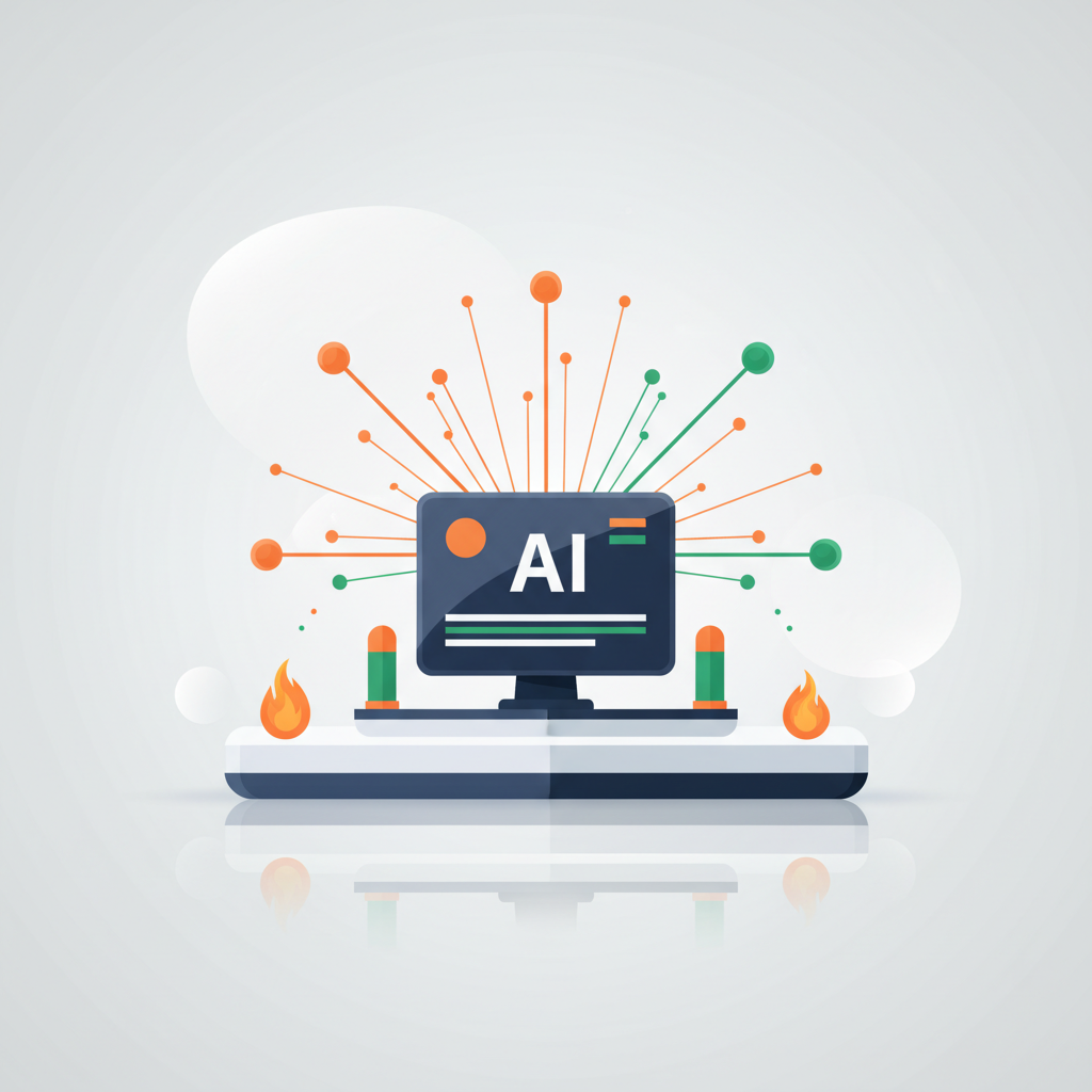 Modern digital workspace with glowing data nodes and streams in orange and green tones.