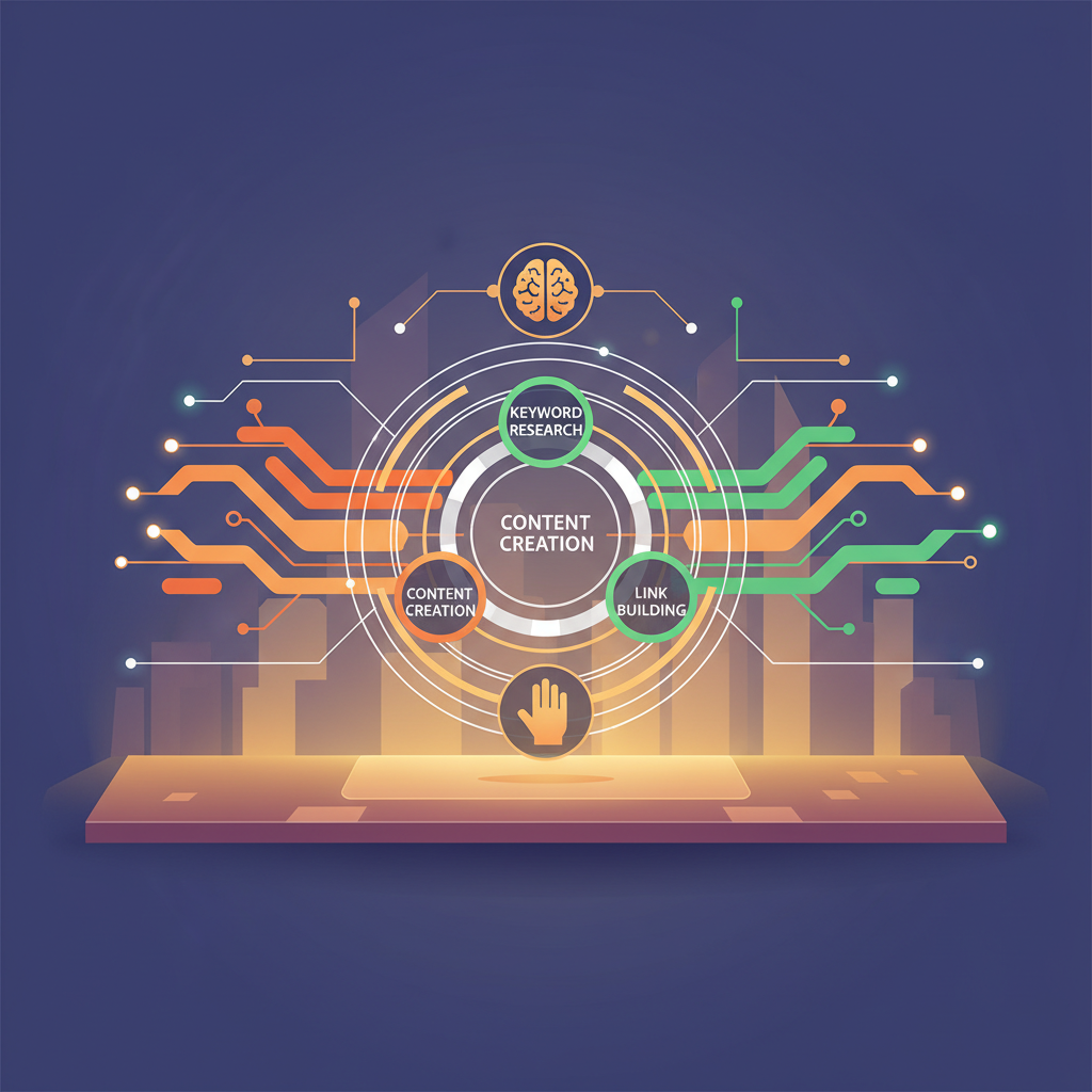 Modern digital workspace with interconnected nodes, vibrant data streams, and energetic Mumbai-inspired background.