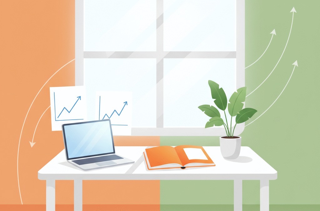Modern home office with laptop, orange notebook, plant, and graphs on a gradient platform.