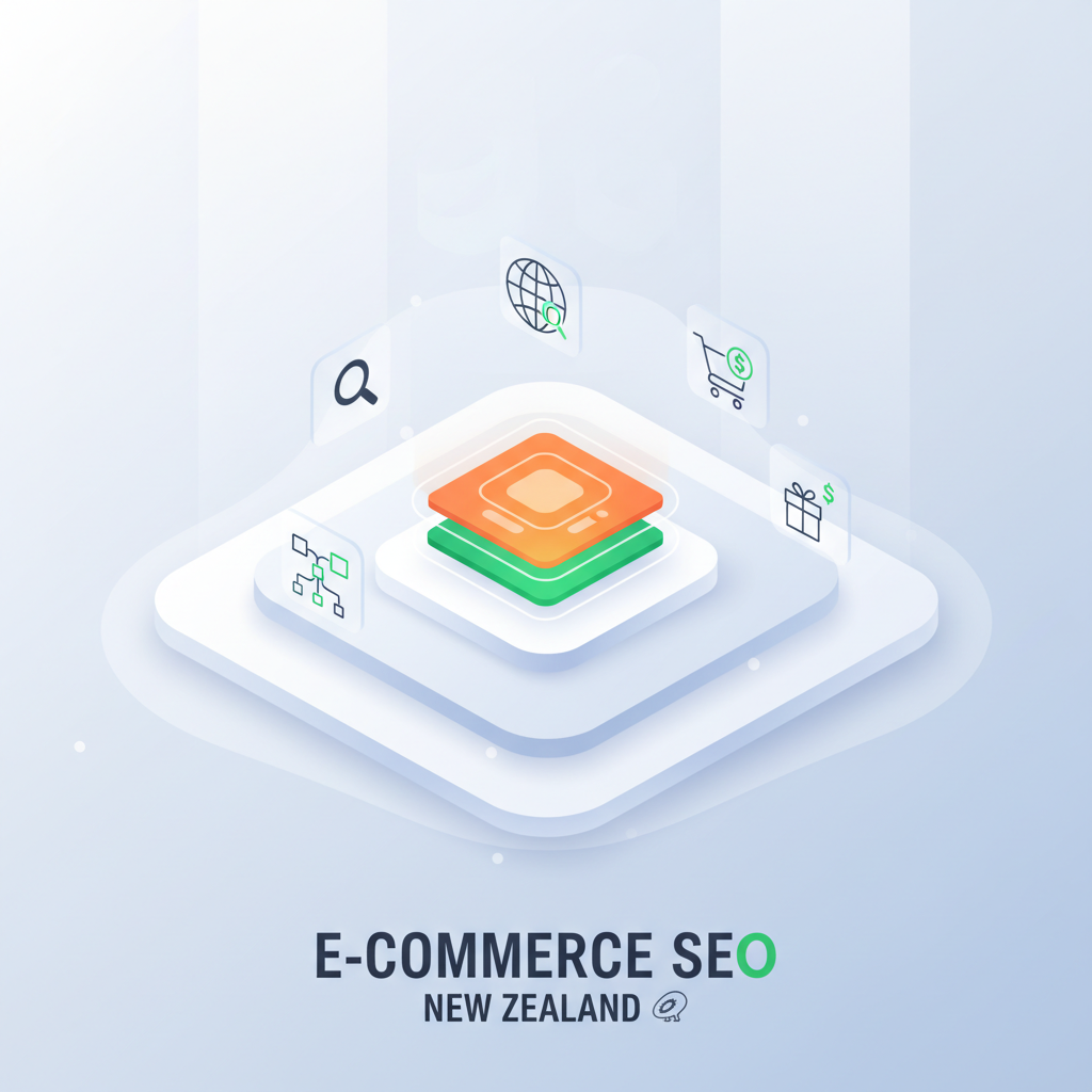 Modern isometric digital dashboard with search, commerce, and product icons on gradient platform.