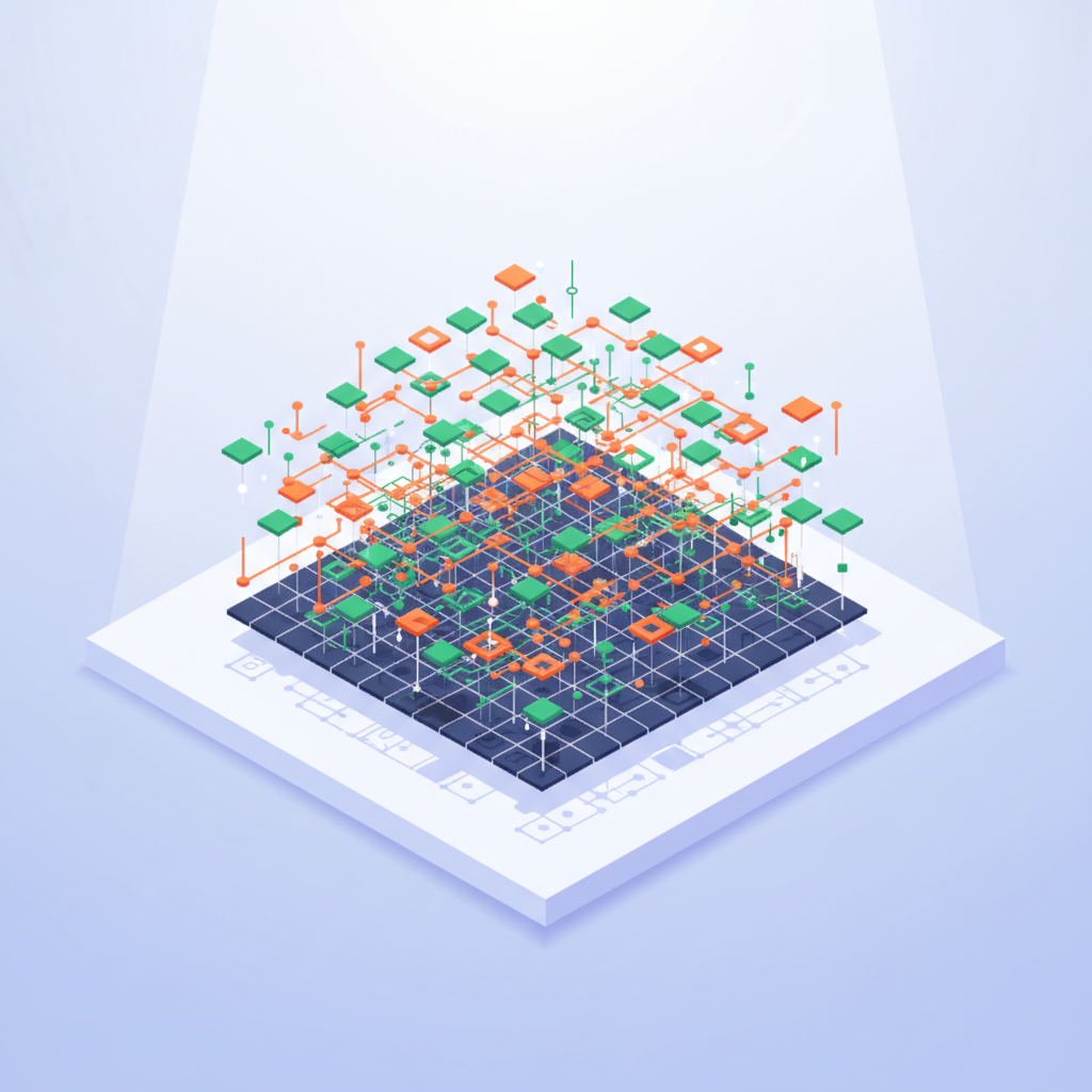 Modern isometric illustration of interconnected digital grid with vibrant orange and green accents.