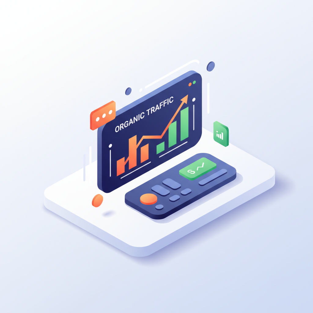 Modern minimalist workspace with a digital dashboard showing rising traffic and data points.