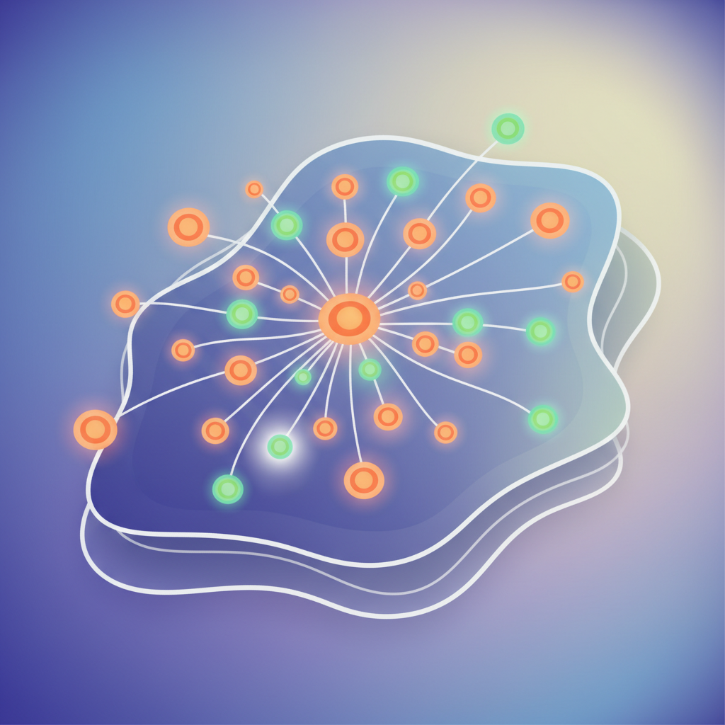 Modern workspace illustration with interconnected orange and green nodes symbolizing link profiles and digital connections.
