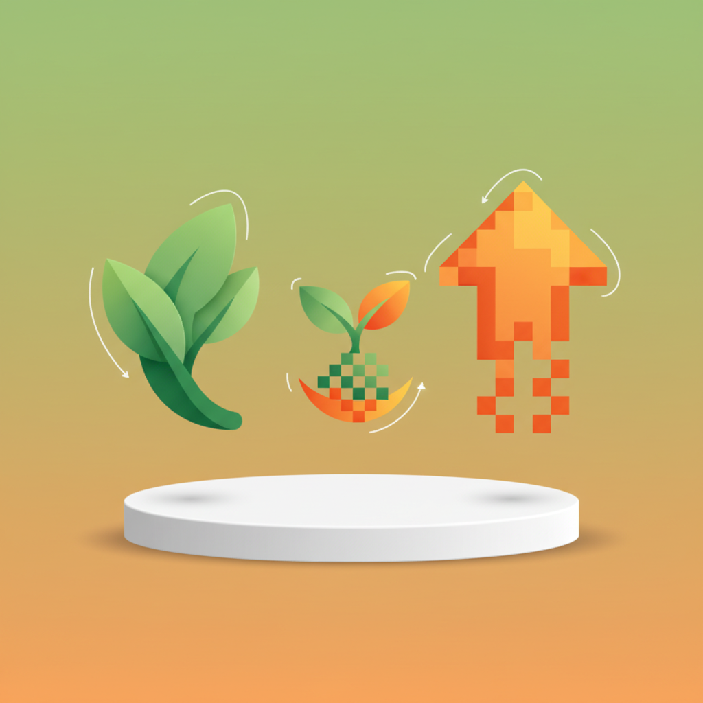 Modern workspace with a green sapling and orange upward arrow symbolizing growth and advertising.