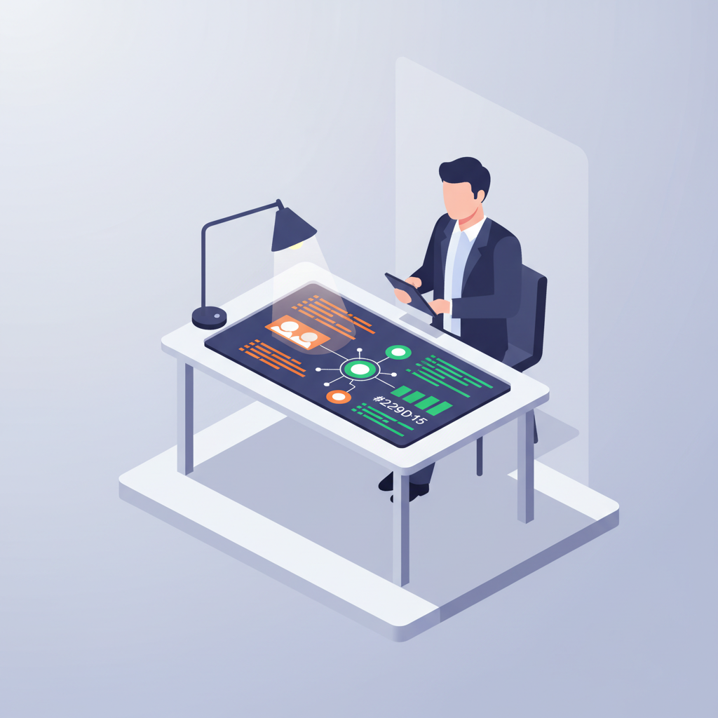 Modern workspace with a professional reviewing digital data and code streams on a tablet.