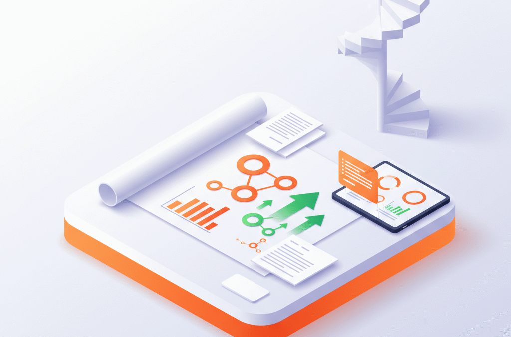 Modern workspace with blueprint, data charts, tablet, and upward staircase on a gradient platform.
