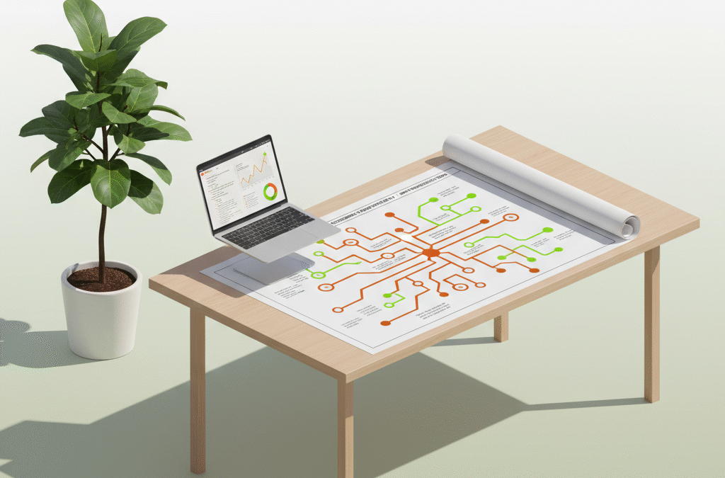 Modern workspace with blueprint, laptop, and plant highlighting digital networks and SEO strategies.