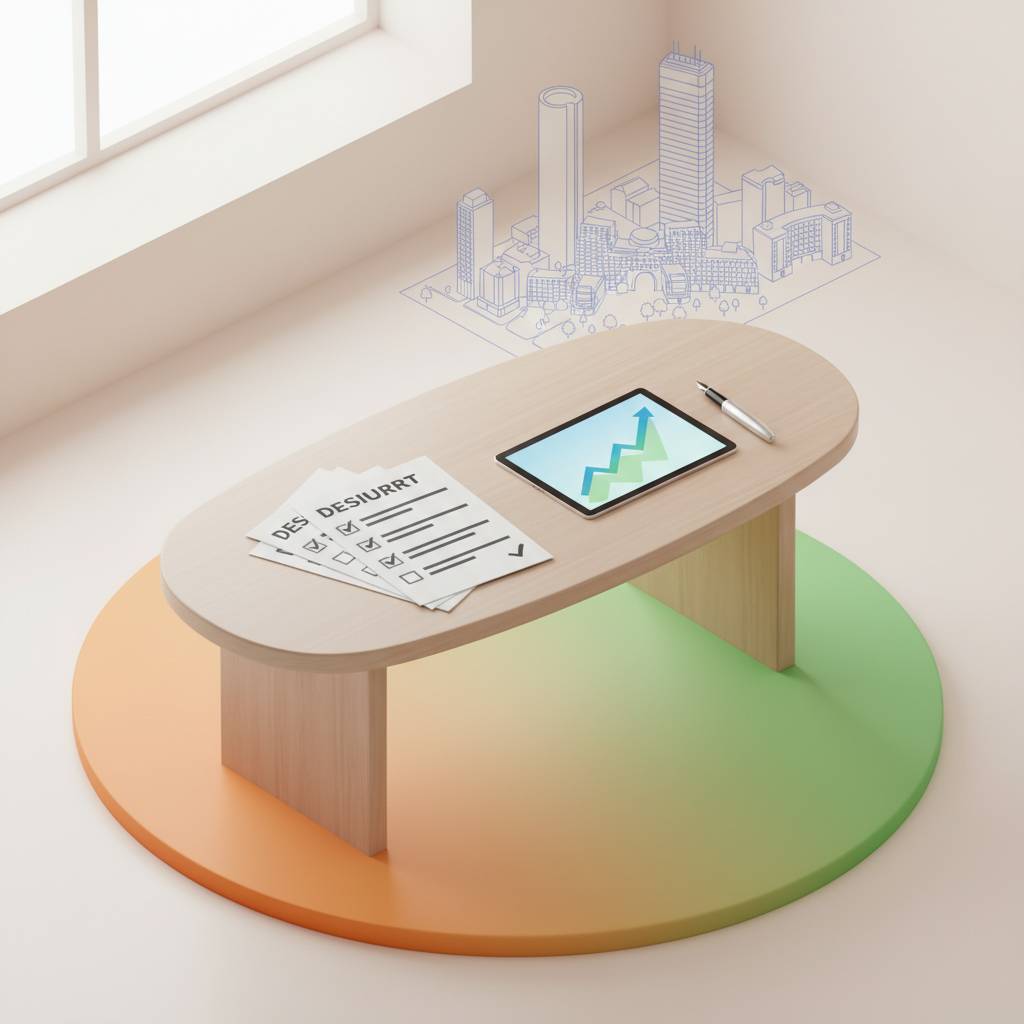 Modern workspace with checklist, tablet showing graphs, cityscape background, bright lighting.