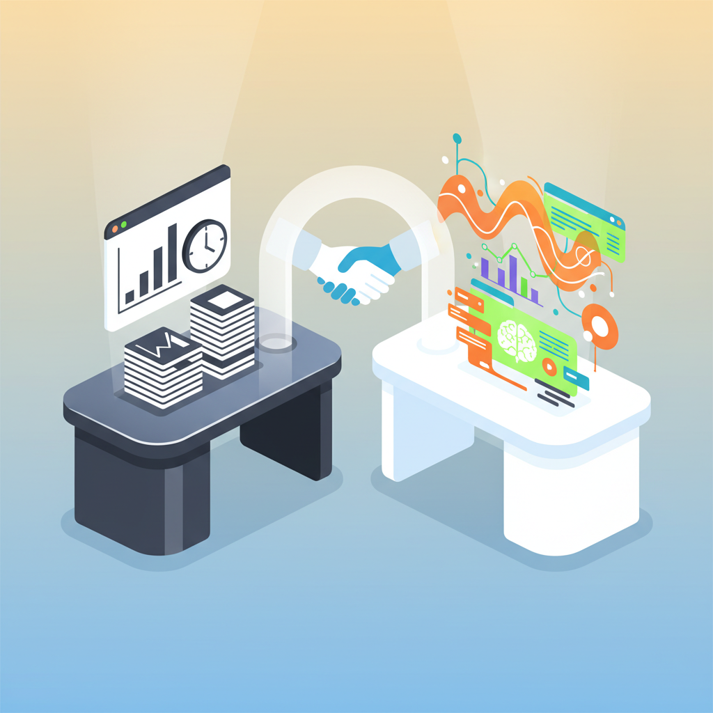 Modern workspace with contrasting desks: routine charts and vibrant AI-driven digital interfaces.