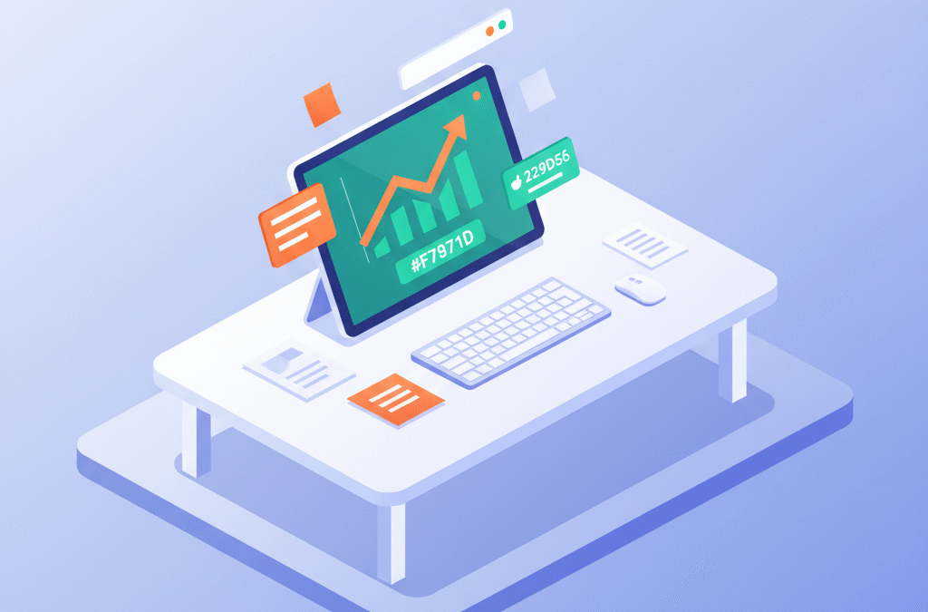 Modern workspace with dashboard showing growth charts in orange and green, notes, and keyboard.